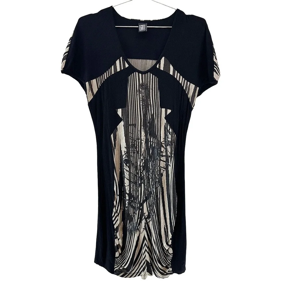 LEGATTE Vintage Designer Y2K Abstract Jersey Midi Dress • 14 • black, beige